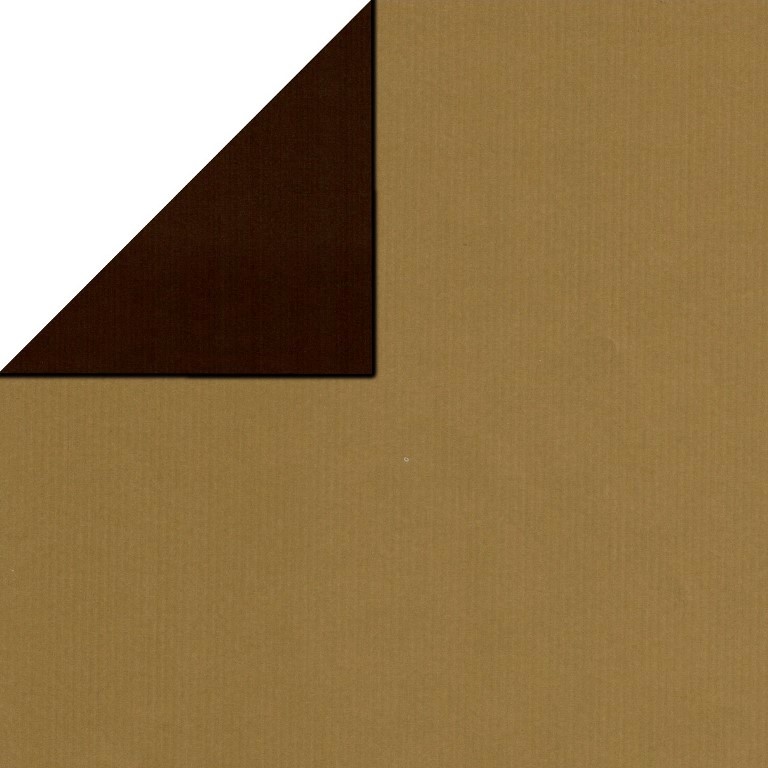 Inpakpapier voorzijde uni goud, achterzijde uni bruin op sterk geribbeld mat papier.
 