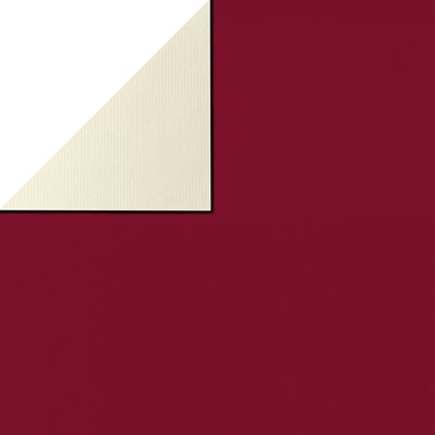 Inpakpapier voorzijde uni bordeaux rood, achterzijde uni ivoor op sterk geribbeld mat papier.
 
