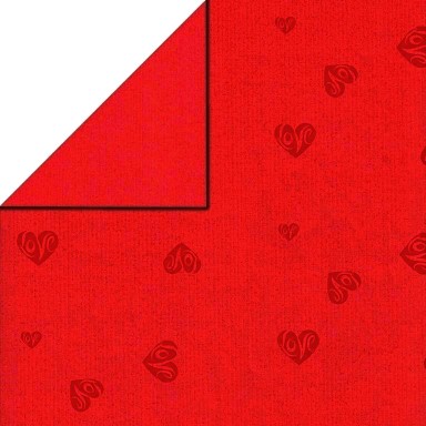 Inpakpapier voorzijde rood voorzien van harten met love tekst, achterzijde uni rood op sterk geribd papier.
 