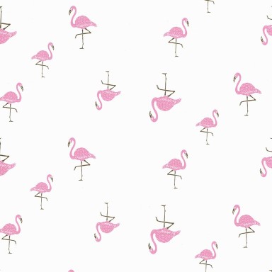 Inpakpapier voorzijde wit voorzien van flamingo's, achterzijde uni wit op sterk geribd papier.
 