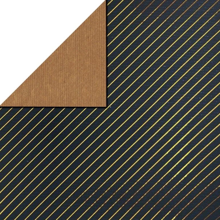 Cadeaupapier nachtblauw, metallic goud diagonale strepen op gestreept naturel kraft papier.
 