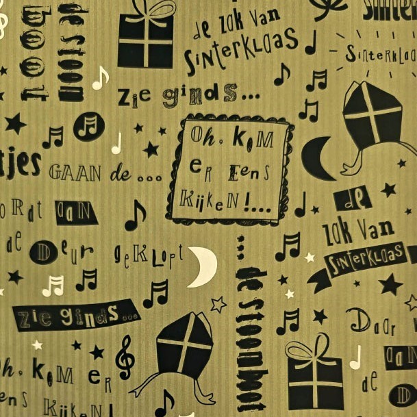 Glanzend luxe sinterklaas cadeaupapier, goud gestreepte achtergrond met zwarte tekst en afbeeldingen.
 