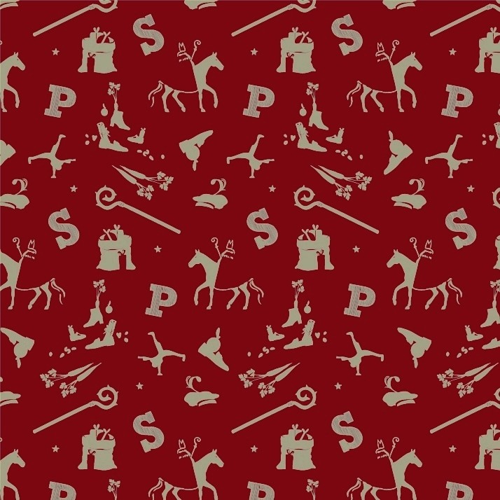 Glanzend luxe sinterklaas cadeaupapier, donker rode achtergrond met goud gedrukte afbeeldingen.
 