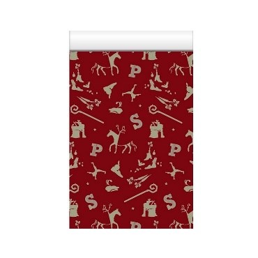 Geschenkzakjes sinterklaas strooigoed goud met donker rode achtergrond op glanzend papier.
 