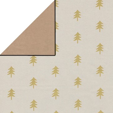Geschenkpapier, kerstbomen in goud met een witte achtergrond op bruin gestreept gerecycled papier.
 