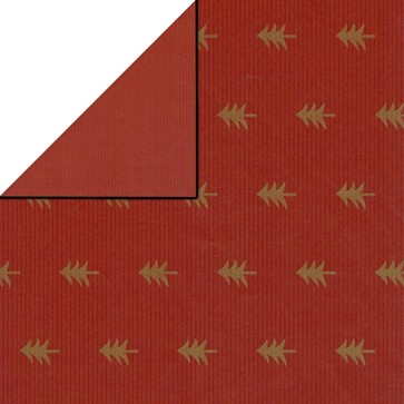 Kerst cadeaupapier gouden bomen met rode achtergrond achterzijde effen rood op gereycled bruin gestreept papier.
 