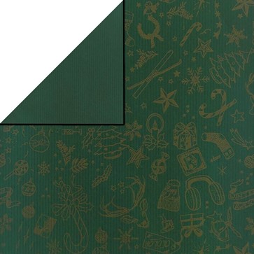 Gouden kerst items op groen cadeaupapier, achterzijde effen groen op gereycled bruin gestreept papier.
 