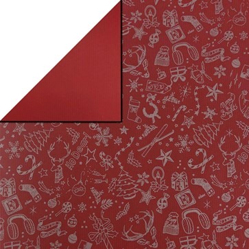 Geschenkpapier rood met kerst items in zilver achterzijde effen rood op natuurlijk bruin geribbeld papier.
 