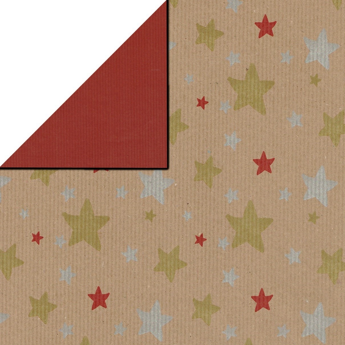 Kerst cadeaupapier met gouden, zilver en rode sterren achterzijde uni donker rood op gesteept eco kraft papier. 
 